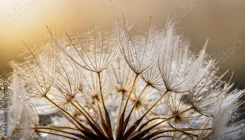 Water drops on dandelion seed macro in nature in yellow and gold tones.