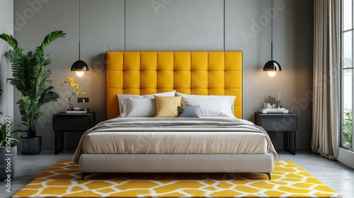 Modern Bedroom with Yellow Tufted Headboard and Patterned Rug