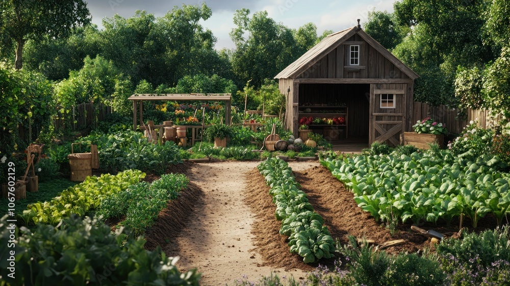 A lush vegetable garden with a wooden shed and a dirt path leading to it. A lush vegetable garden with a wooden shed and a dirt path leading to it.