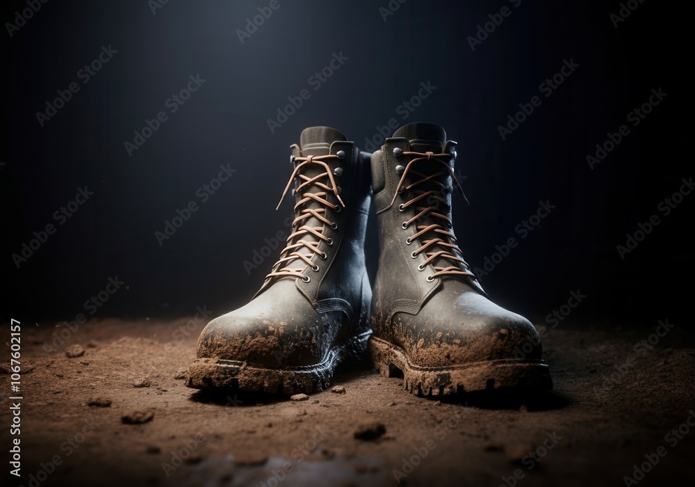 Rugged boots standing firm on dusty ground Rugged boots standing firm on dusty ground