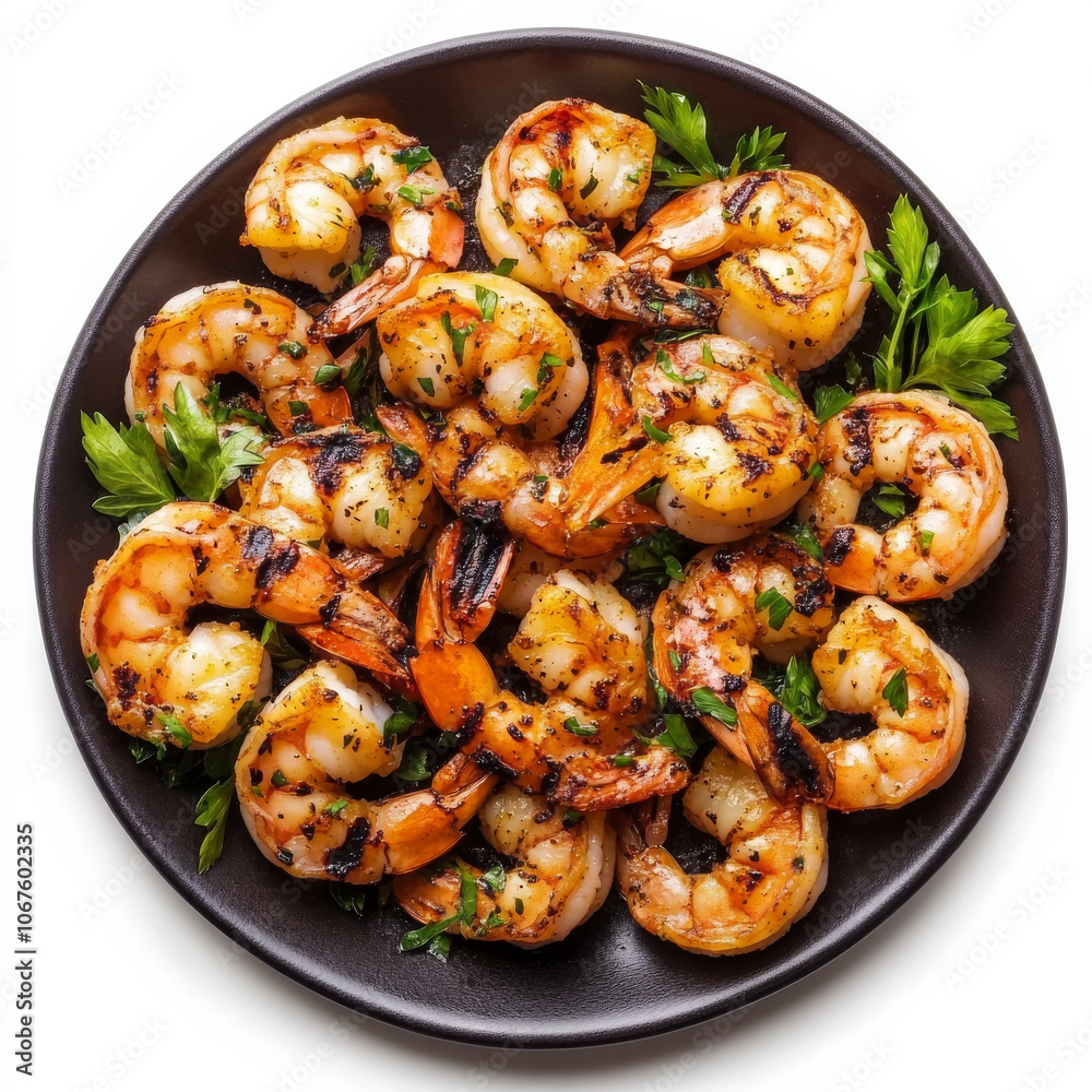 A plate of grilled shrimp with herbs, isolated on a white background, showcasing a delicious seafood choice A plate of grilled shrimp with herbs, isolated on a white background, showcasing a delicious seafood choice