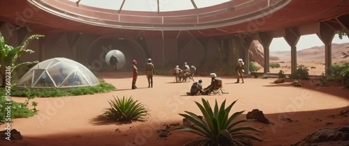 Mars colonization scene with families gathering in a biodome lush greenery contrasting the red Martian desert outside photo