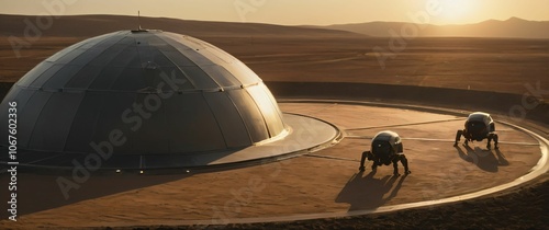 Martian sunset casting long shadows over a futuristic habitat sharpeyed colonists working in an agricultural dome photo