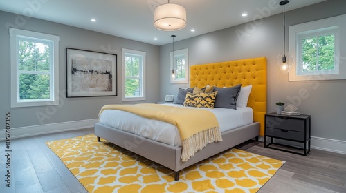 Modern bedroom with yellow tufted headboard, white bedding, and a yellow and white rug. photo