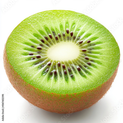 A single ripe kiwi sliced in half, isolated on a white background, highlighting a tropical fruit