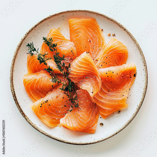 A plate of smoked salmon slices, isolated on a white background, showcasing a rich and savory option