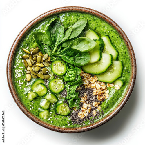 A bowl of green smoothie bowl with toppings, isolated on a white background, emphasizing a nutritious dish photo