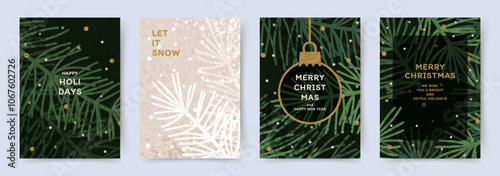 Merry Christmas and Happy New Year greeting card Set. Xmas cute background with of Christmas tree and snow pattern. Holiday vector templates for banner, invitation, poster, advertising, social media