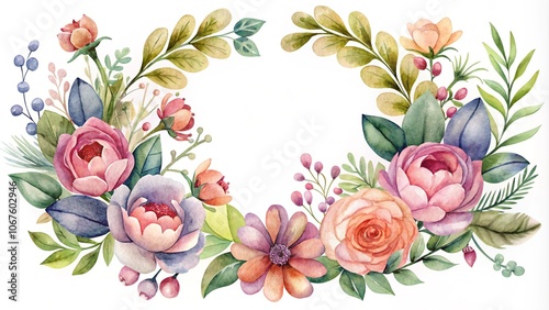 Watercolor floral wreath / frame / bouquet set. Decorative elements template. Flat cartoon illustration isolated on white background.
