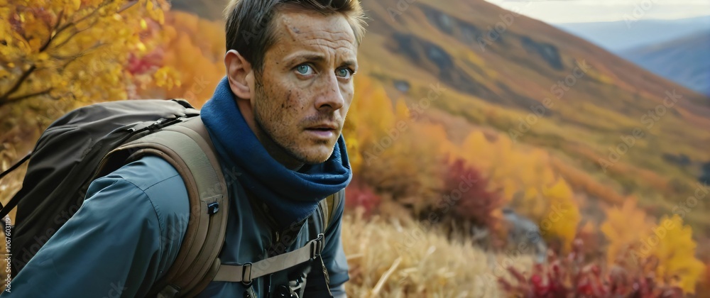 Sharpeyed explorer in a closeup trekking through a rugged autumn landscape with vibrant colors exploding around them Sharpeyed explorer in a closeup trekking through a rugged autumn landscape with vibrant colors exploding around them