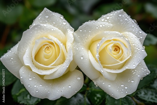 Serene white roses with dew drops close-up photo