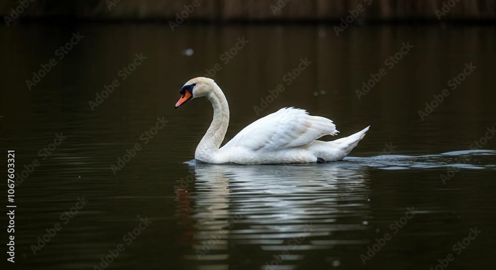 Serene white swan gliding on tranquil lake Serene white swan gliding on tranquil lake