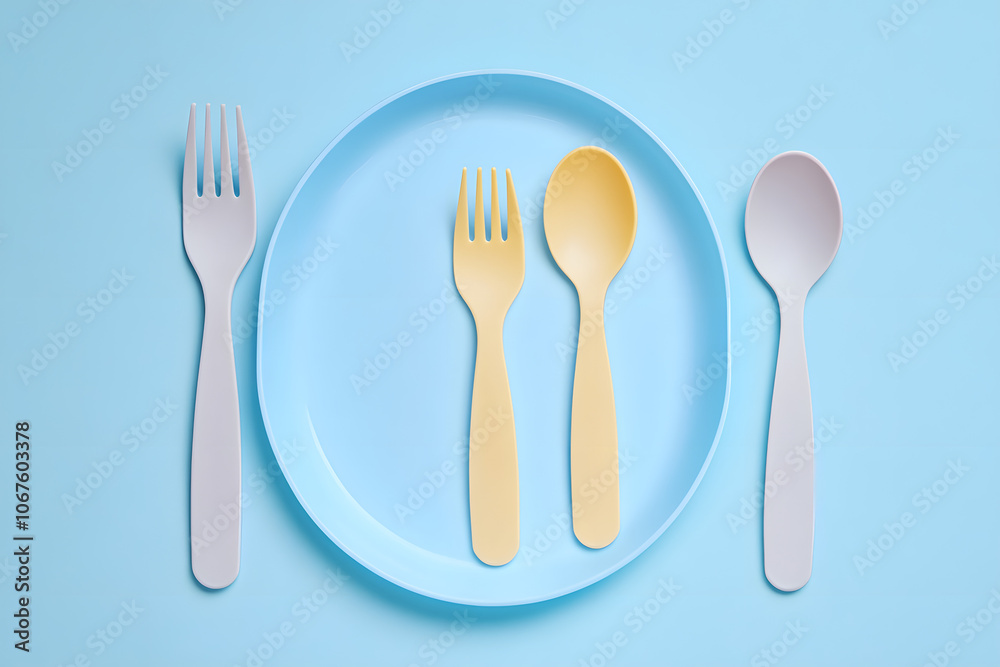 Plate with cutlery for baby on blue background Plate with cutlery for baby on blue background