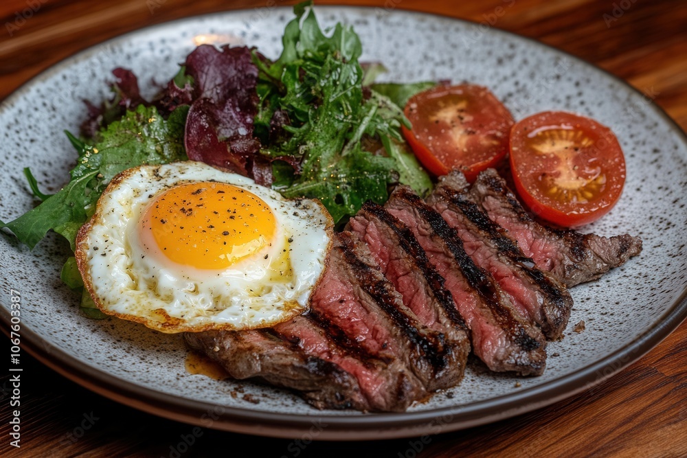 succulent steak breakfast with fresh salad sunny-side-up egg