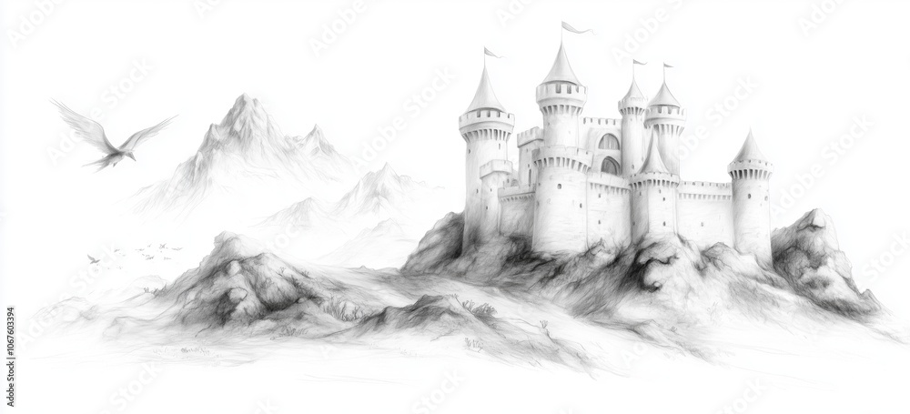 Hand drawn medieval castle tower in scenic mountain landscape Hand drawn medieval castle tower in scenic mountain landscape