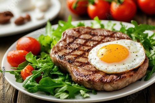 Grilled steak with fried egg fresh salad on wooden table