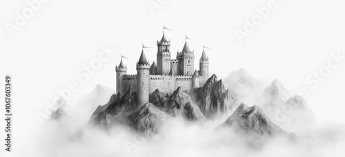 Medieval castle tower surrounded by misty mountains in hand drawn style photo