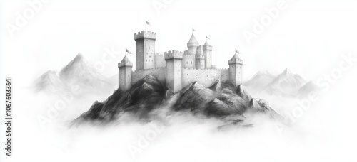 Medieval castle tower in hand drawn style surrounded by misty mountains photo