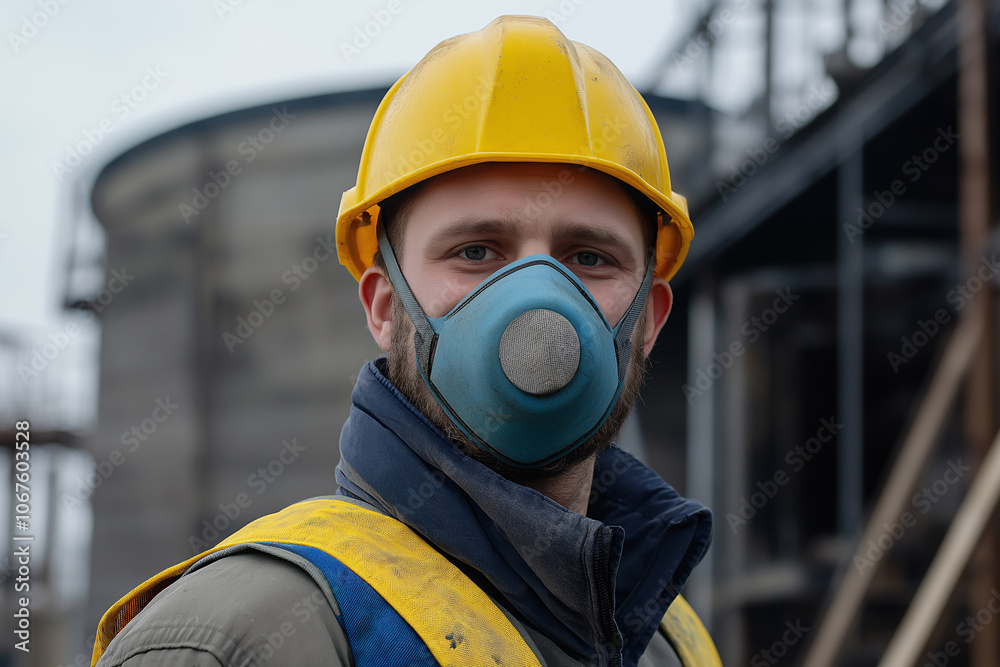 Construction Worker Wearing Safety Mask and Hard Hat Construction Worker Wearing Safety Mask and Hard Hat