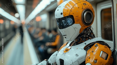 A futuristic robot with orange and white coloring sits on a subway train, looking out over the passengers.