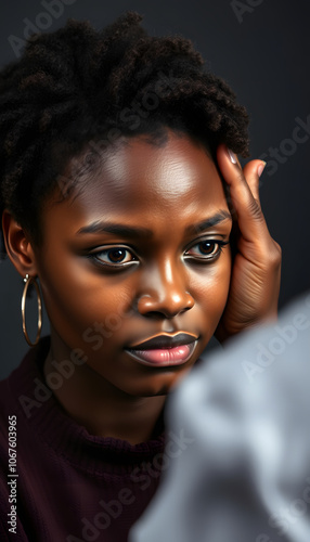 An African girl who suffers from depression is progressing in therapy with a psychologist isolated with white highlights, png