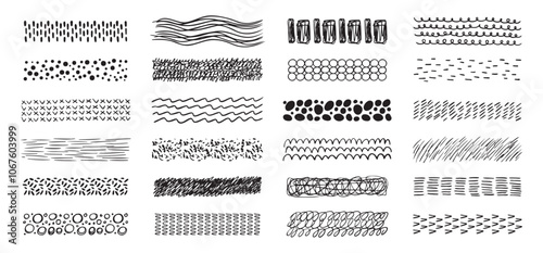 Hand drawn textures collection. abstract brushes, drawing textures from thin lines of different shapes. Set of doodle swirling and straight shapes