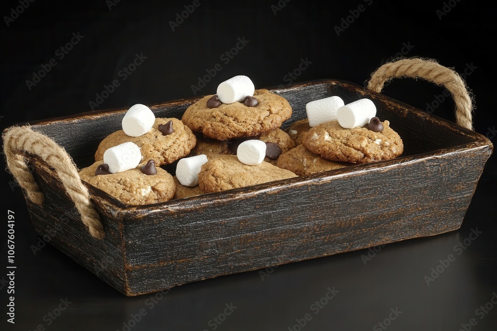 Delicious homemade cookies with chocolate chips marshmallows in rustic tray Delicious homemade cookies with chocolate chips marshmallows in rustic tray