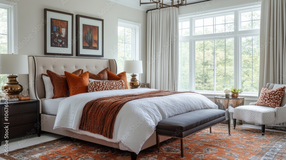 Fototapeta premium Luxurious Bedroom with Upholstered Bed, Orange Pillows, and Area Rug