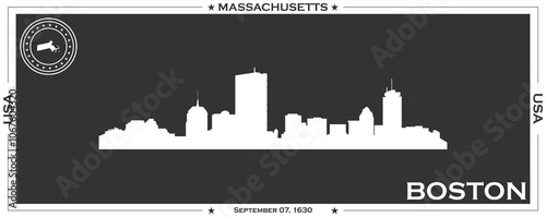 White gaming banner of city skyline of city of Boston with black background with inscription of the name of the city, date of establishment and name and map of US state of Massachusetts