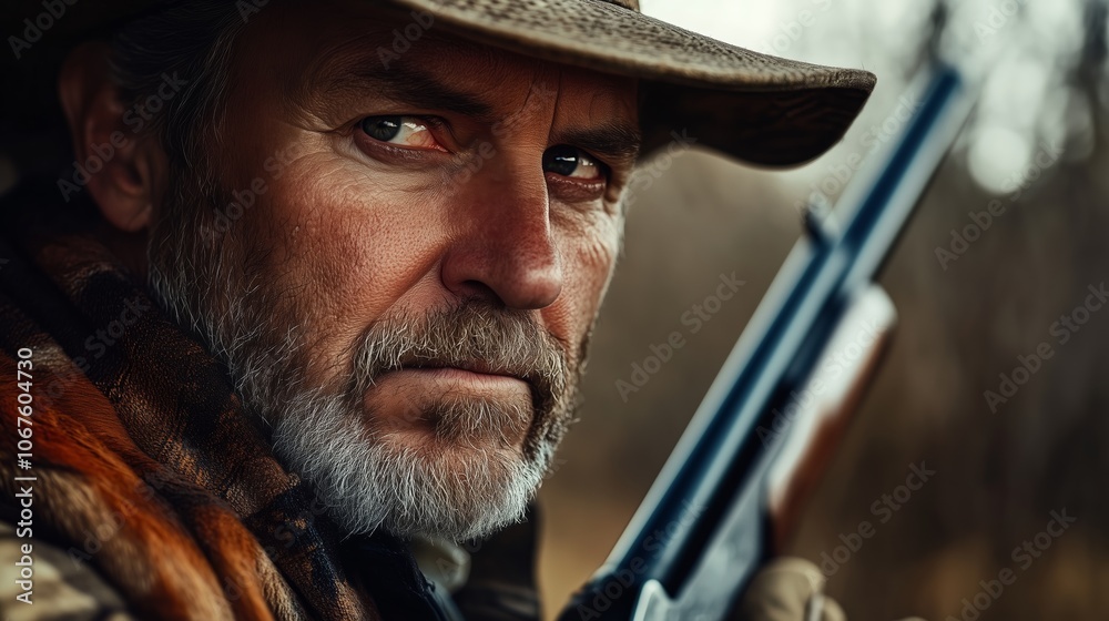 A seasoned hunter with a focused expression holds a rifle while surveying a wilderness landscape during the early morning hours A seasoned hunter with a focused expression holds a rifle while surveying a wilderness landscape during the early morning hours