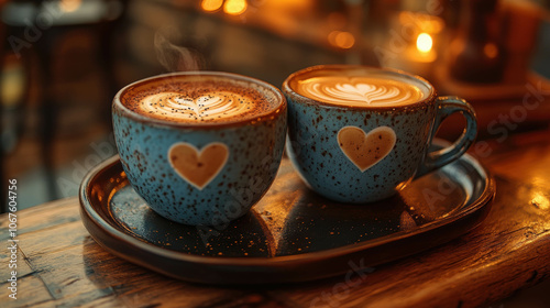 Cozy cafe scene with two cups of coffee, heart shaped latte art, warm diffused light. photo