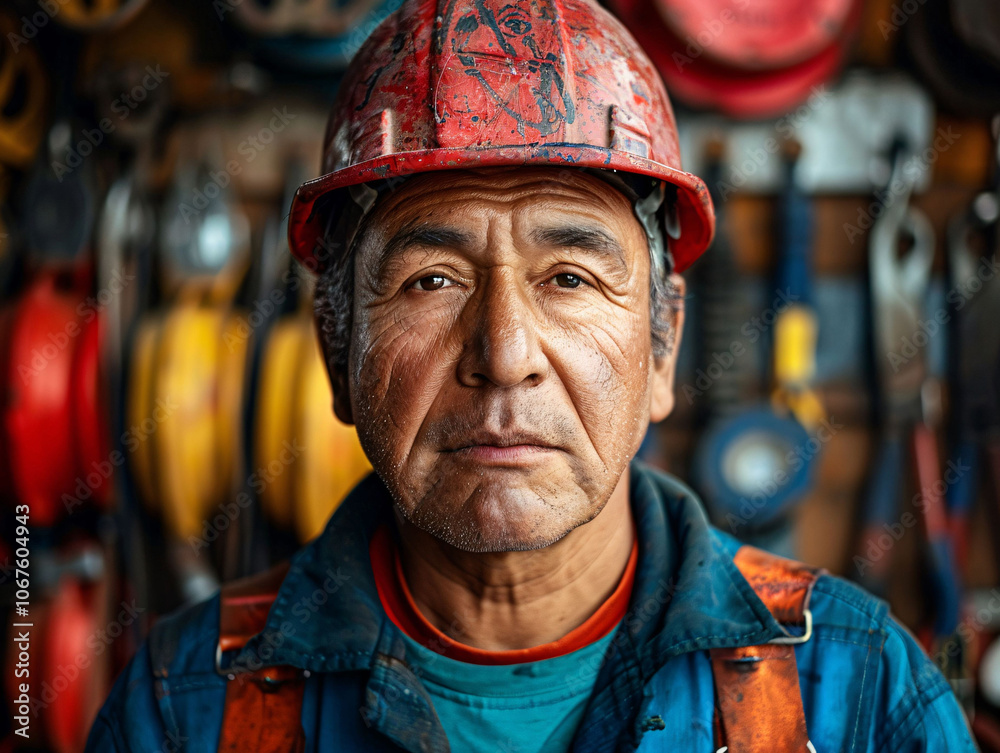 Fototapeta premium Veteran Worker with Red Helmet and Industrial Tools