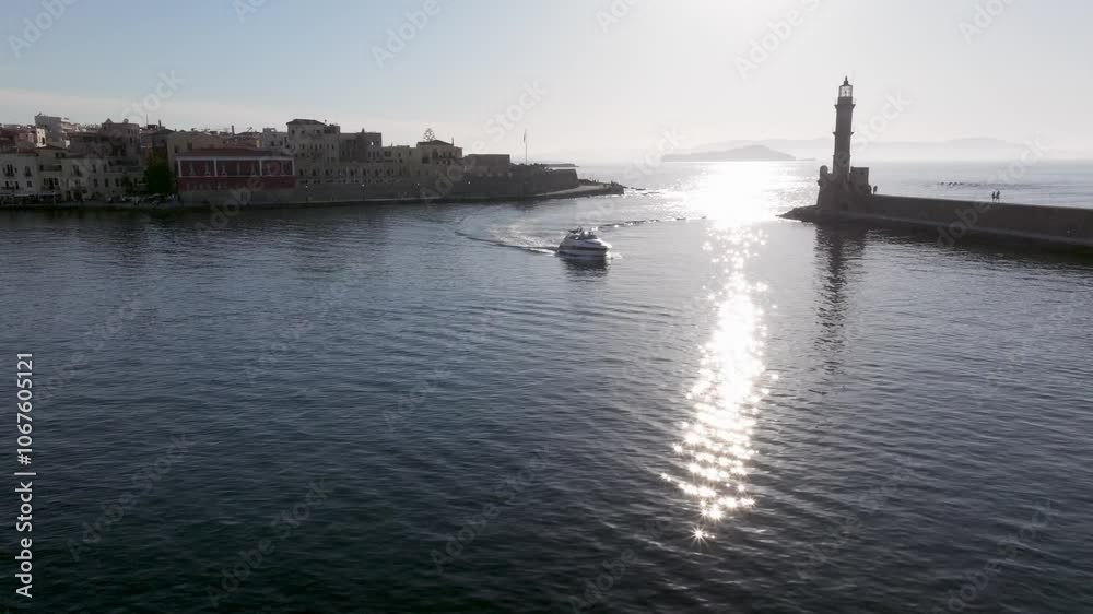 View of Chania with the amazing lighthouse, mosque, venetian shipyards, Crete, Greece.Waves crashing on lighthouse, Beautiful Greece and best scenic places - panorama View of Chania with the amazing lighthouse, mosque, venetian shipyards, Crete, Greece.Waves crashing on lighthouse, Beautiful Greece and best scenic places - panorama