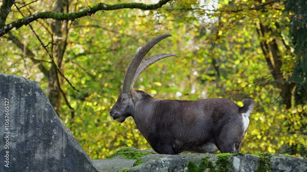 Male mountain ibex or capra ibex sitting on a rock in a german park Male mountain ibex or capra ibex sitting on a rock in a german park
