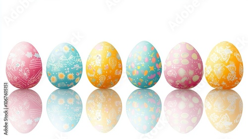 A collection of colorful Easter eggs, each featuring a unique pattern, with a subtle reflection on a white background. This vibrant set highlights various designs, perfect for festive decoration.