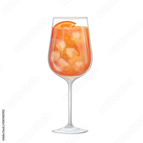 Aperol Spriz drink. Cocktail with lemon slice and ice isolated on white background. Vector photo realistic drawing