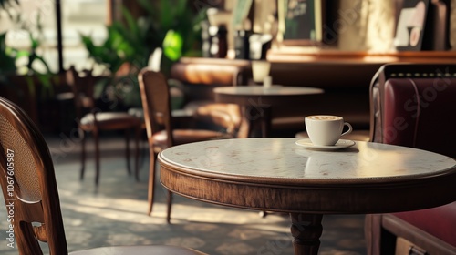 Cozy Coffee Shop Table with Cappuccino in Sunlit Interior, creating a cozy and peaceful atmosphere perfect for relaxation.