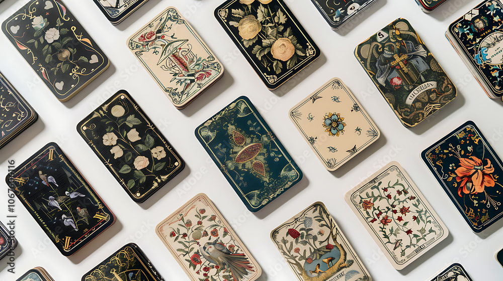 tarot card interpretation, top view of a tarot card deck on a white background tarot card interpretation, top view of a tarot card deck on a white background