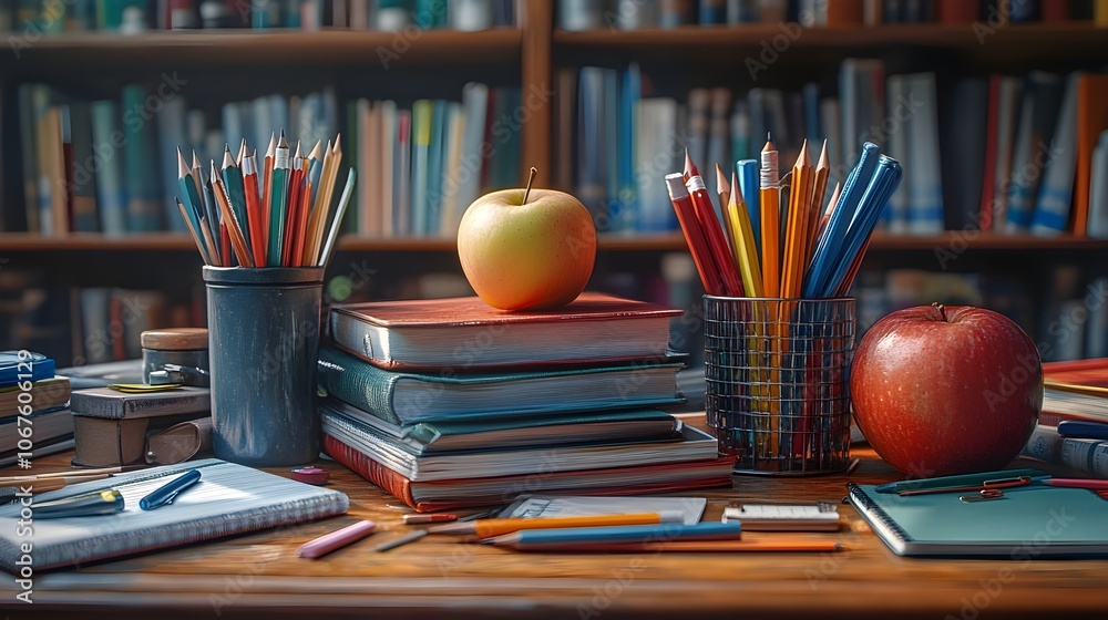 Study Desk with Apples and Stationery in Cozy Library Setting Study Desk with Apples and Stationery in Cozy Library Setting