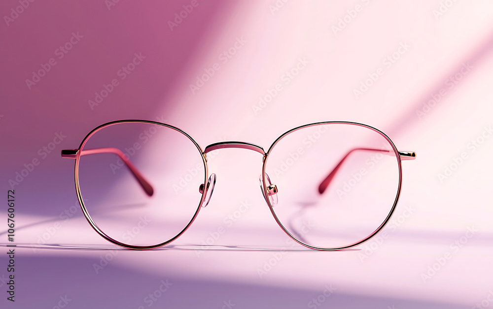 Stylish round glasses with delicate gold frame, set against soft pastel pink background, create modern and elegant aesthetic Stylish round glasses with delicate gold frame, set against soft pastel pink background, create modern and elegant aesthetic