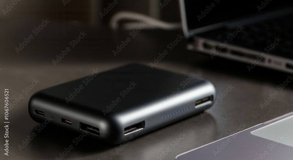 Portable battery backup on desk to laptop Portable battery backup on desk to laptop