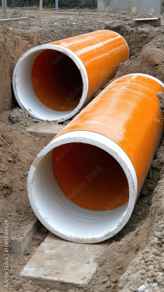 Construction site features vibrant orange sewer pipes installed for efficient water flow in a residential area, showcasing robust infrastructure Construction site features vibrant orange sewer pipes installed for efficient water flow in a residential area, showcasing robust infrastructure