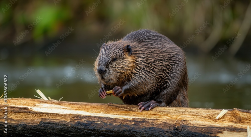 Captivating beaver enjoying snack on log the water Captivating beaver enjoying snack on log the water