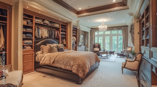 Elegant luxury bedroom suite, spacious walk-in closet, lavish furnishings, sophisticated decor, serene ambiance, perfect for relaxation and comfort, ideal for upscale living environments