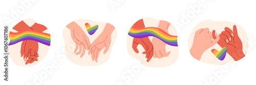 Hand shake, romantic homosexual couple hands holding with rainbow LGBT flag community vector set, Love and unity gesture