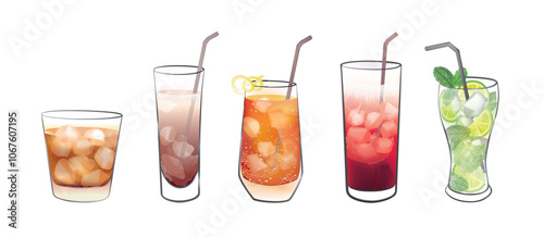 Cocktail set. Highball cocktail glasses with beverages. Mojito drinks, whiskey and soda, sidecar