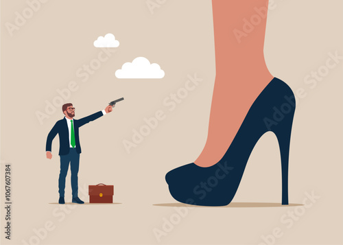 Tiny man hold a handgun robs a giant fearful woman. Big theft and property crime. Money problems. Flat vector illustration