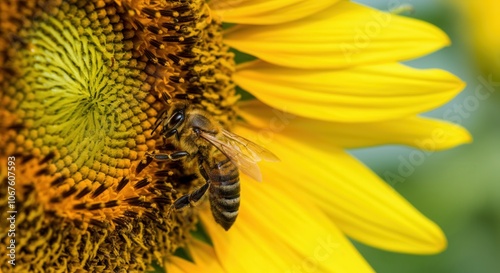 Honeybee collecting nectar on vibrant sunflower bloom