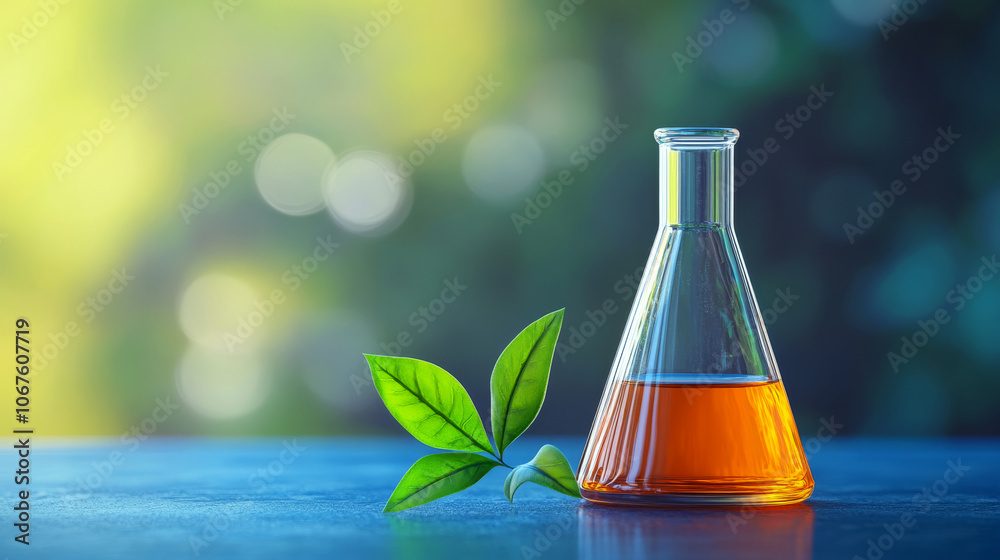A glass flask with orange liquid stands on a table next to green leaves. Concept of science and nature interaction. A glass flask with orange liquid stands on a table next to green leaves. Concept of science and nature interaction.