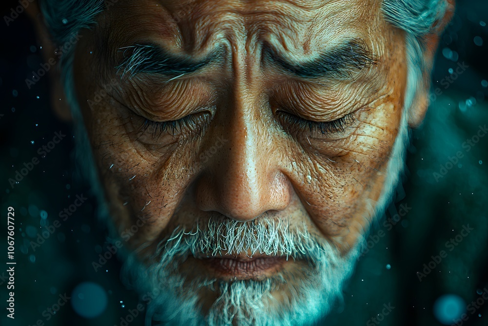 Elderly man with closed eyes and snowfall: deep contemplation and serenity in winter scene Elderly man with closed eyes and snowfall: deep contemplation and serenity in winter scene